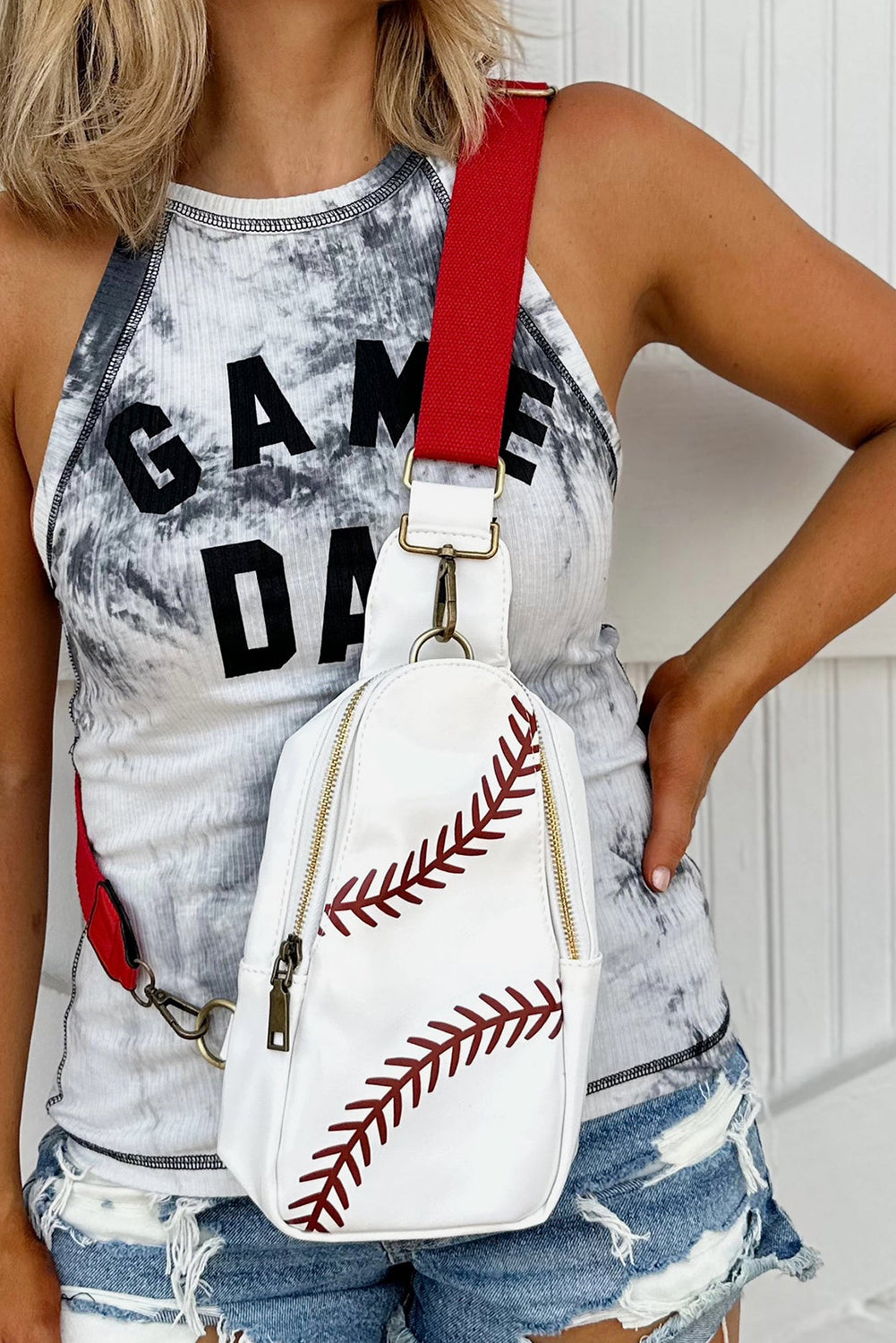 Baseball Pattern PU Leather Zipped Sling Bag