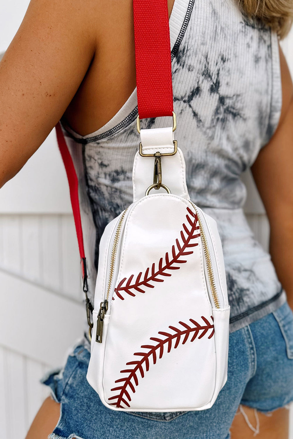Baseball Pattern PU Leather Zipped Sling Bag