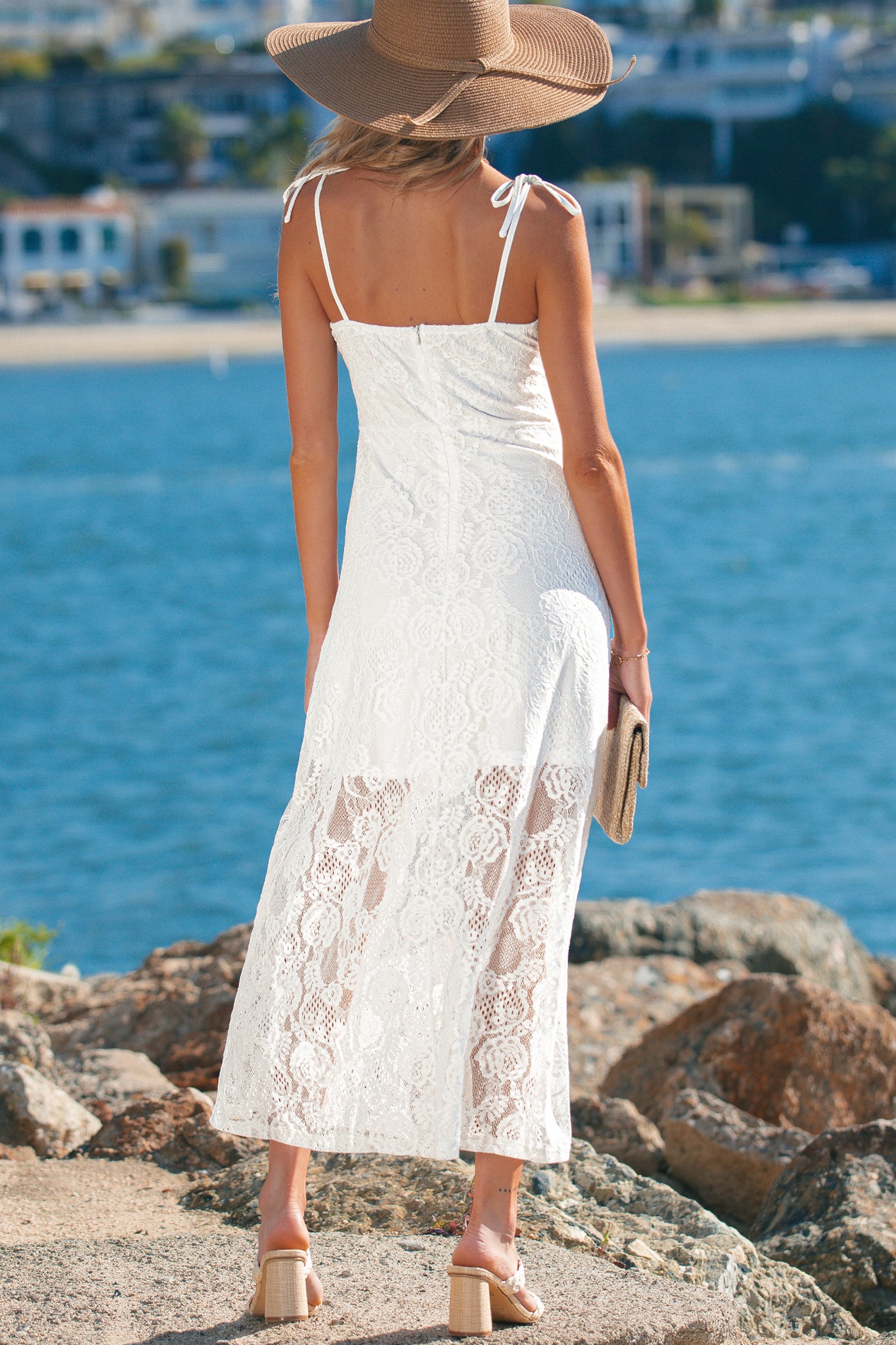 White Spaghetti Straps Floral Lace Long Dress