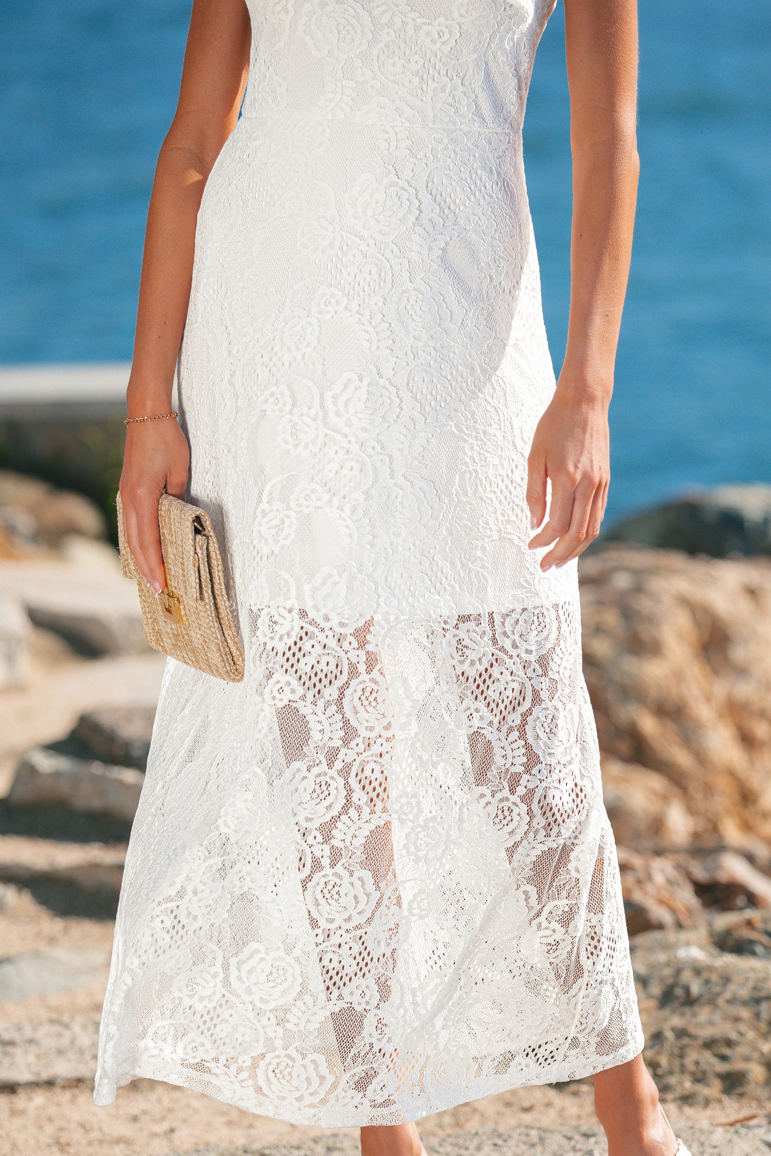 White Spaghetti Straps Floral Lace Long Dress