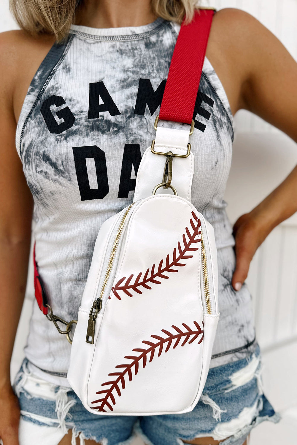 Baseball Pattern PU Leather Zipped Sling Bag